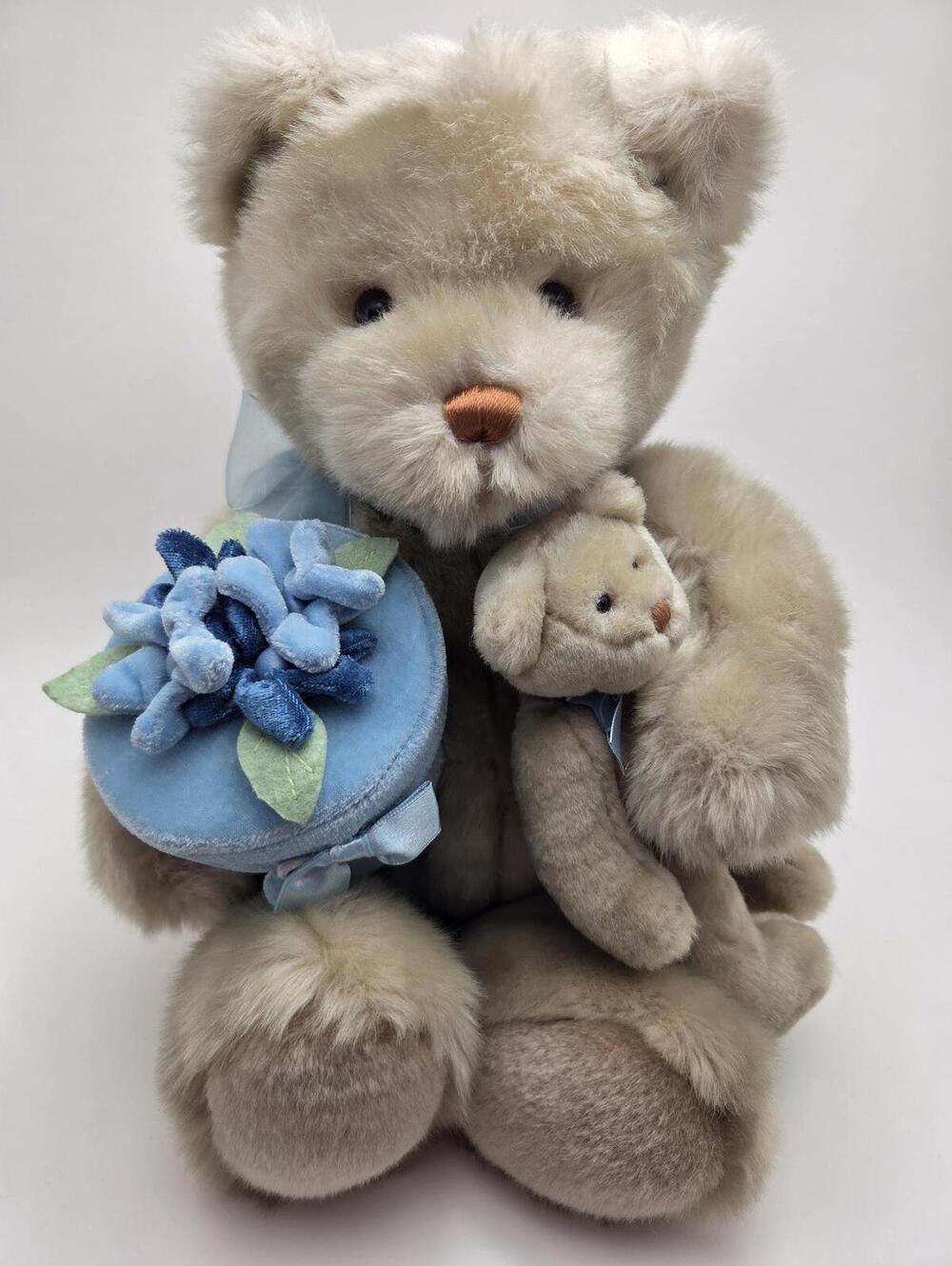 Gund Vintage Teddy Bear Holding Gift Box and Baby Teddy, Vintage Rare! (14 inch)